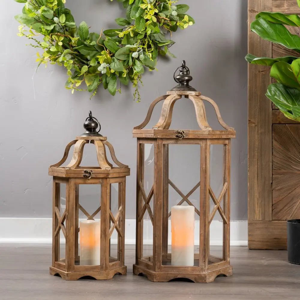 Set of Two Natural And Brown Distressed Geometric Wood And Metal Floor Lantern Candle Holders HomeRoots