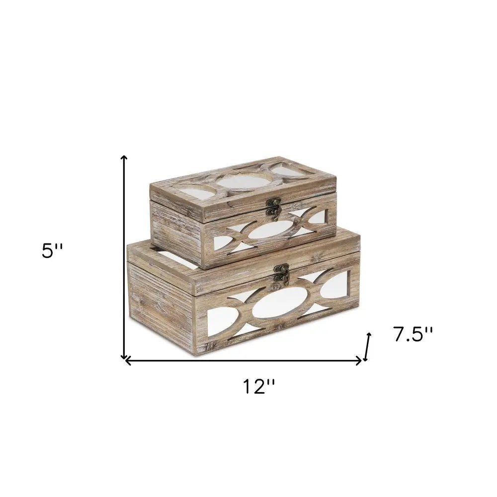 Set of Two Natural And White Solid Wood And Mirrored Glass Box With Lid HomeRoots