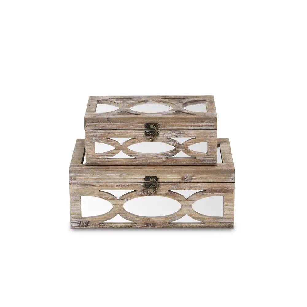 Set of Two Natural And White Solid Wood And Mirrored Glass Box With Lid HomeRoots