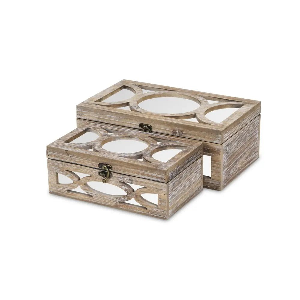 Set of Two Natural And White Solid Wood And Mirrored Glass Box With Lid HomeRoots