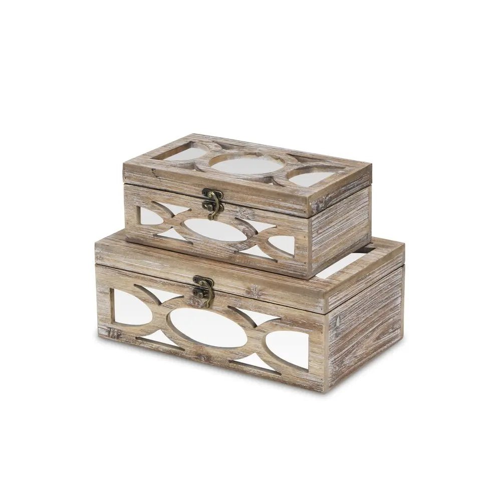 Set of Two Natural And White Solid Wood And Mirrored Glass Box With Lid HomeRoots