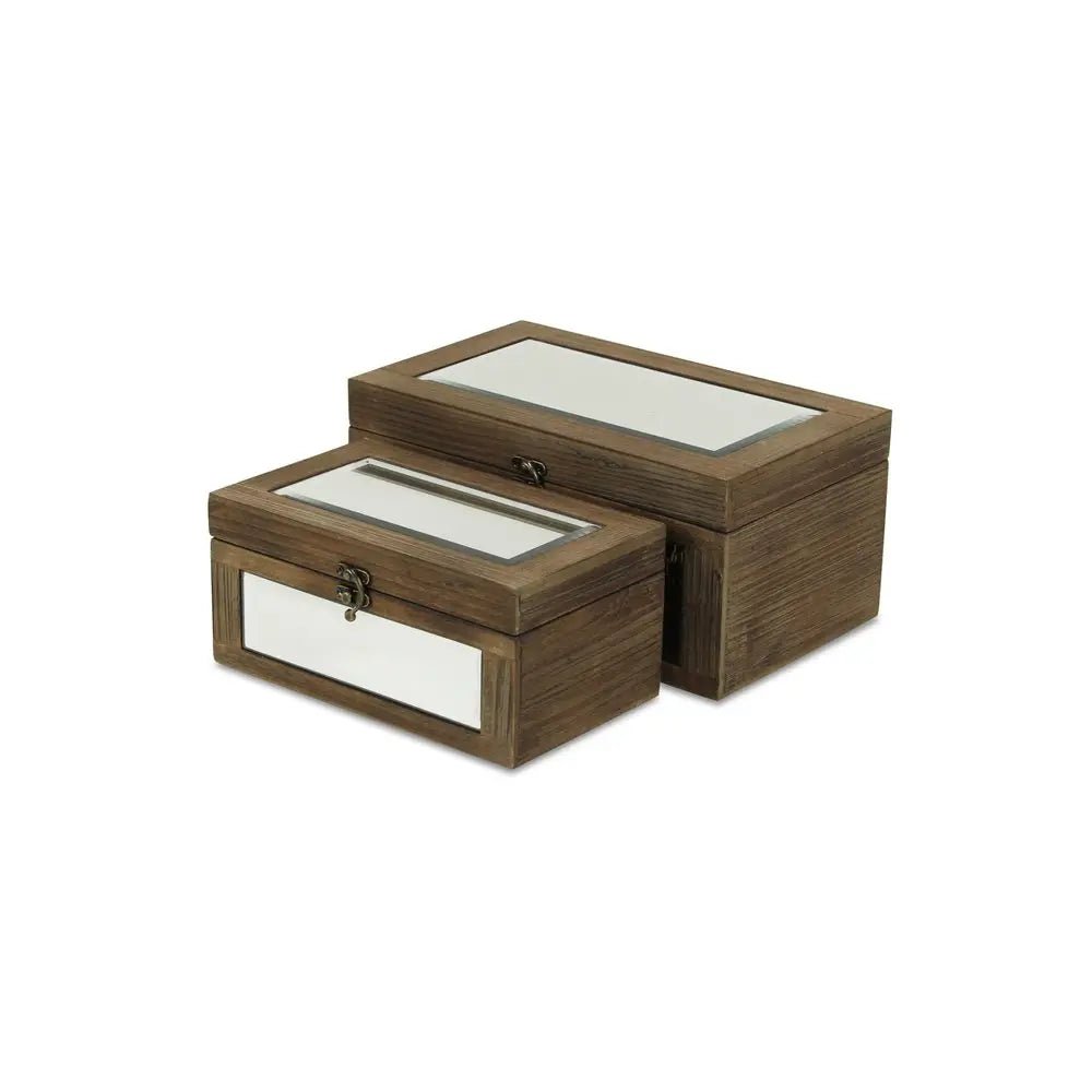 Set of Two Natural And White Wood And Mirrored Glass Box With Lid HomeRoots