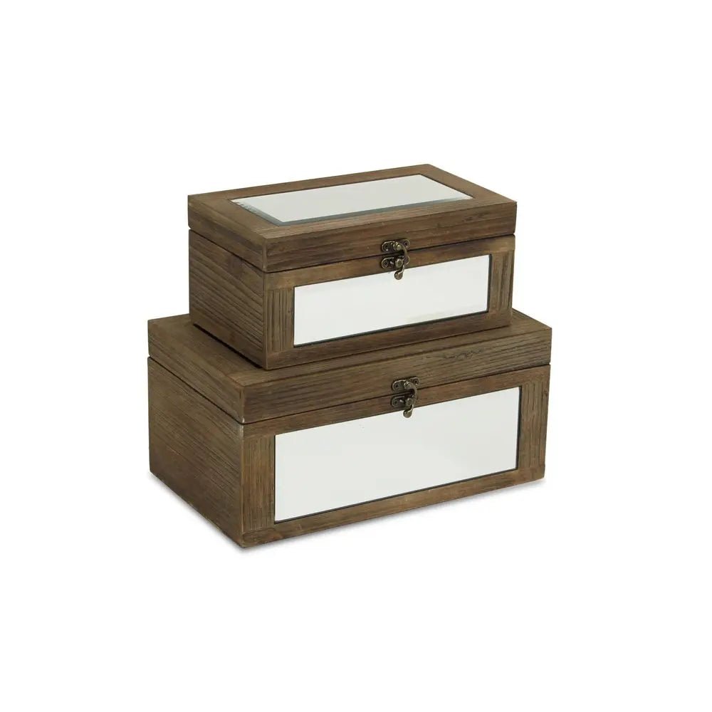 Set of Two Natural And White Wood And Mirrored Glass Box With Lid - NOBLE HOME INTERIORS