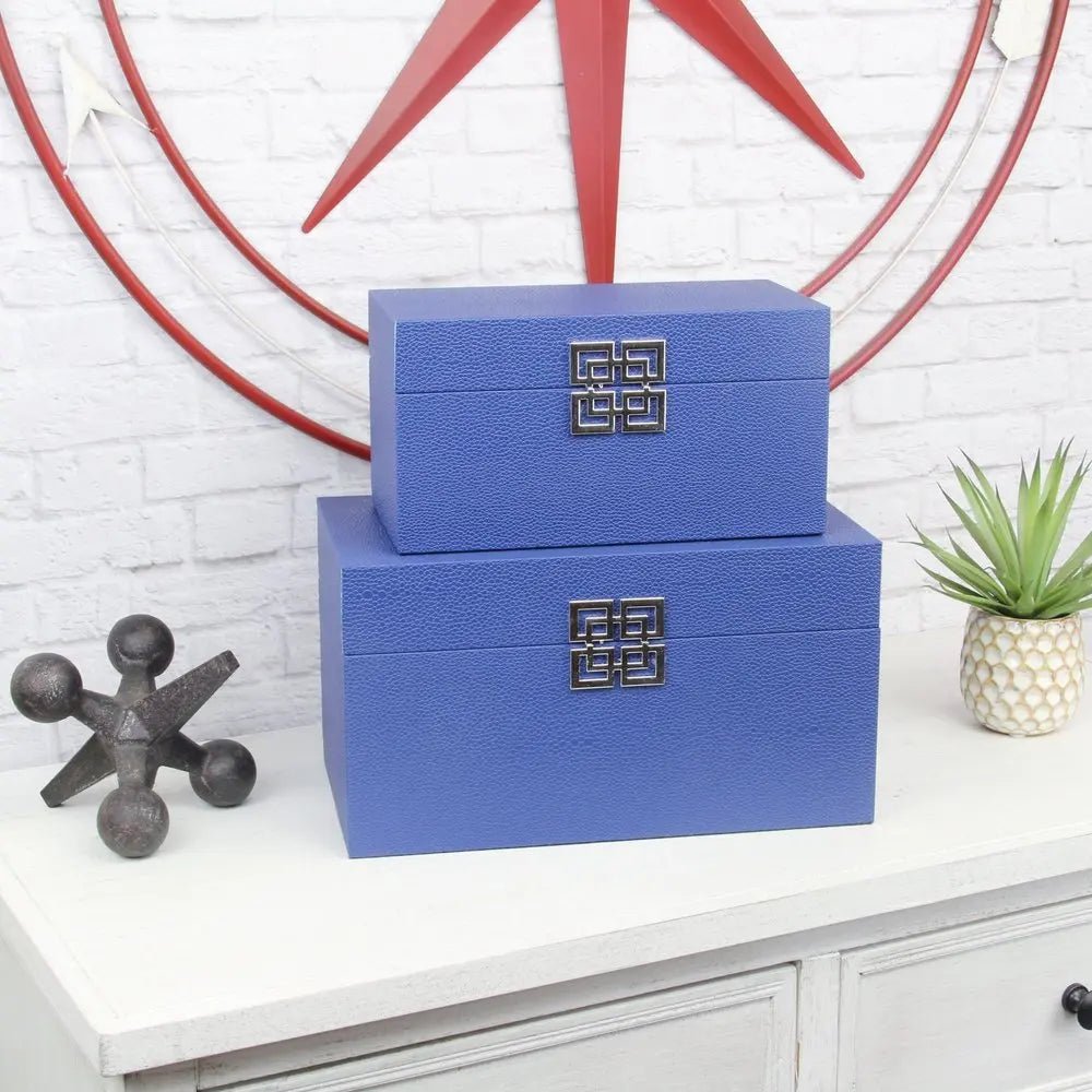 Set of Two Navy Blue Wood And Shagreen Box With Lid HomeRoots