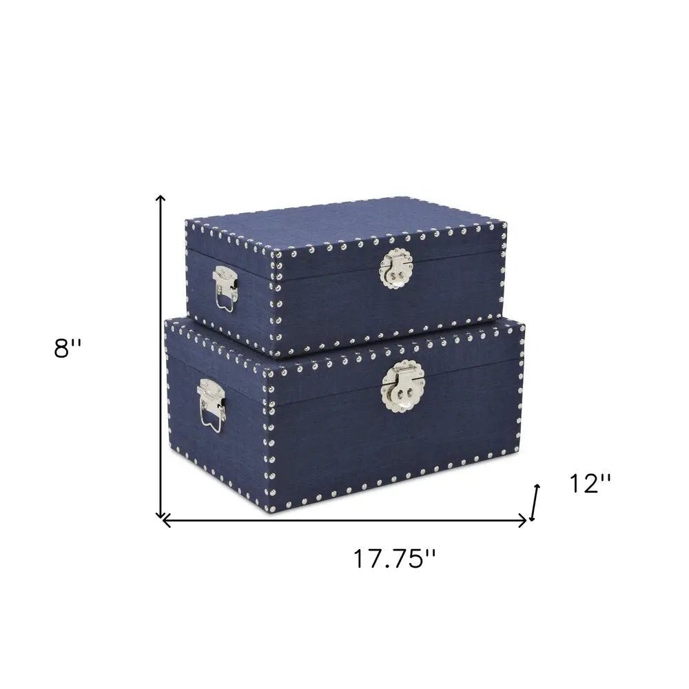 Set of Two Navy Blue Wood Fabric And Metal Box With Lid HomeRoots