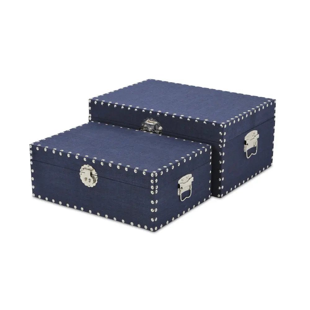 Set of Two Navy Blue Wood Fabric And Metal Box With Lid HomeRoots