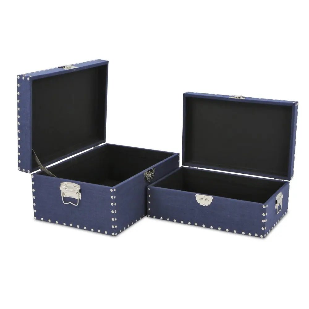 Set of Two Navy Blue Wood Fabric And Metal Box With Lid HomeRoots