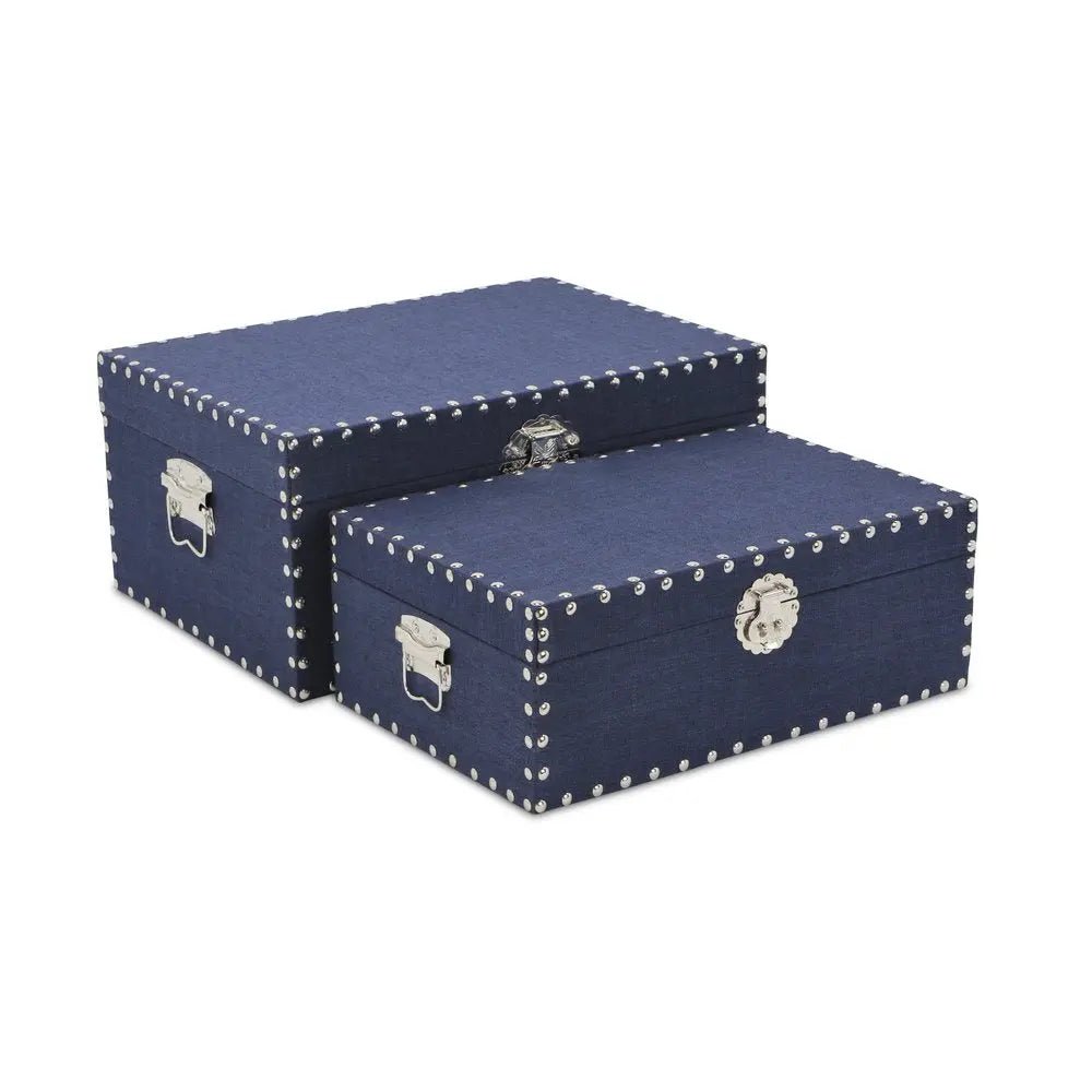 Set of Two Navy Blue Wood Fabric And Metal Box With Lid HomeRoots