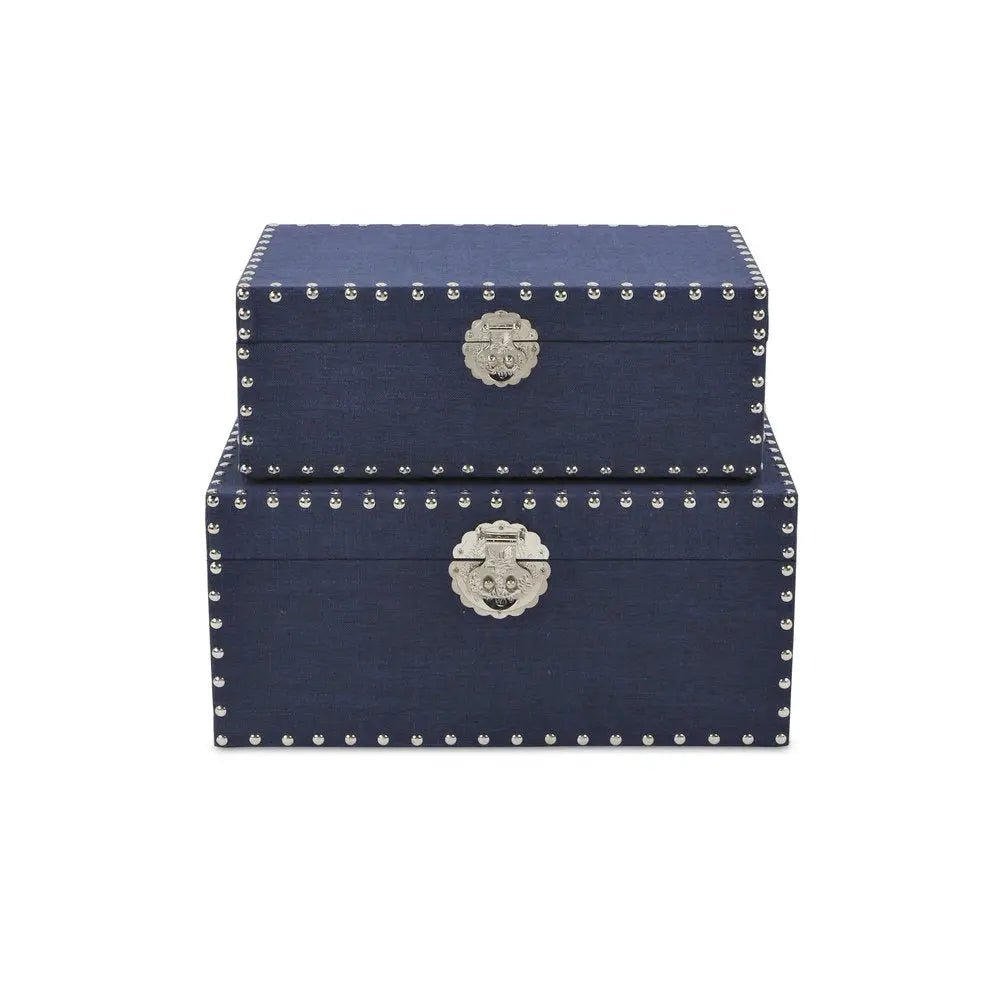 Set of Two Navy Blue Wood Fabric And Metal Box With Lid HomeRoots
