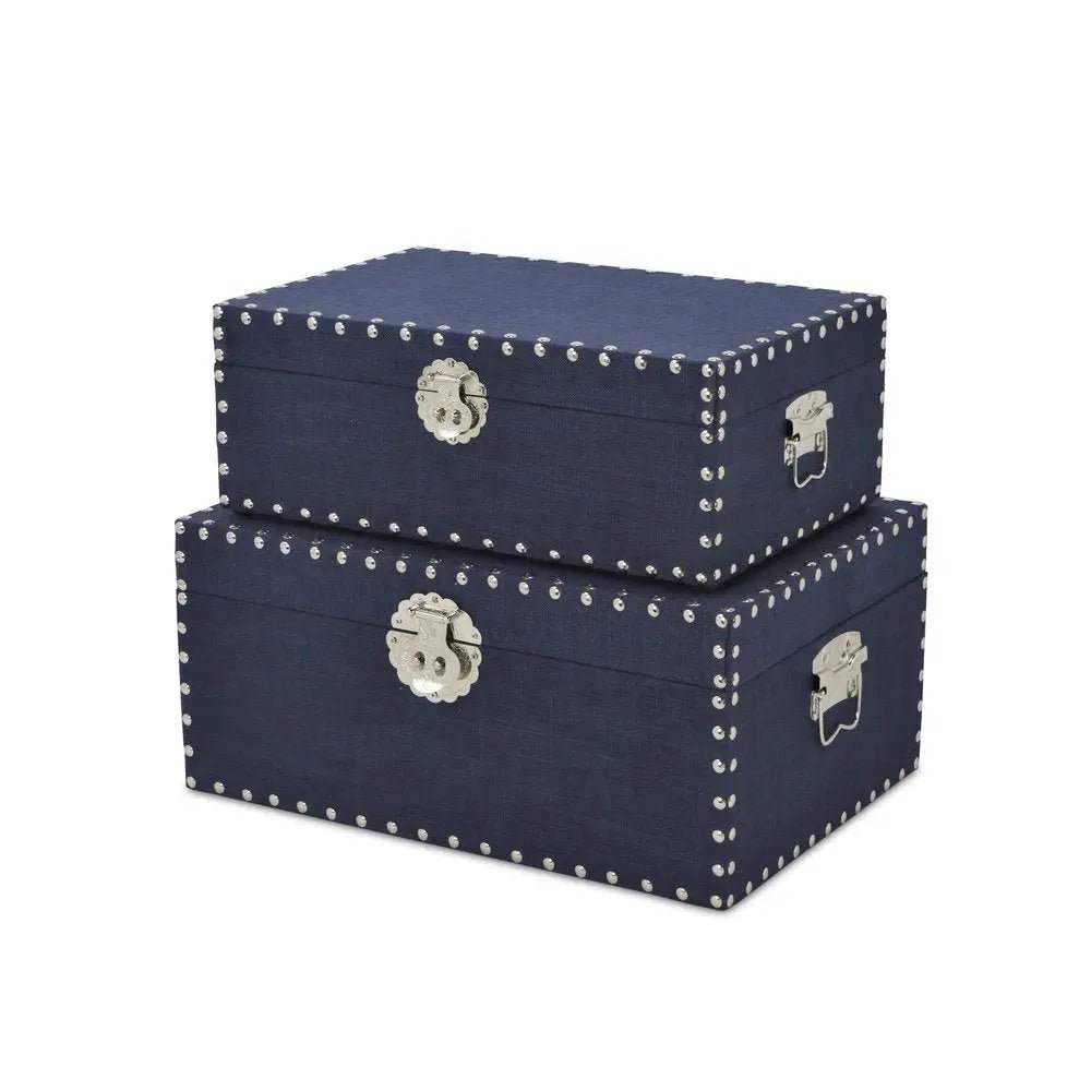 Set of Two Navy Blue Wood Fabric And Metal Box With Lid HomeRoots