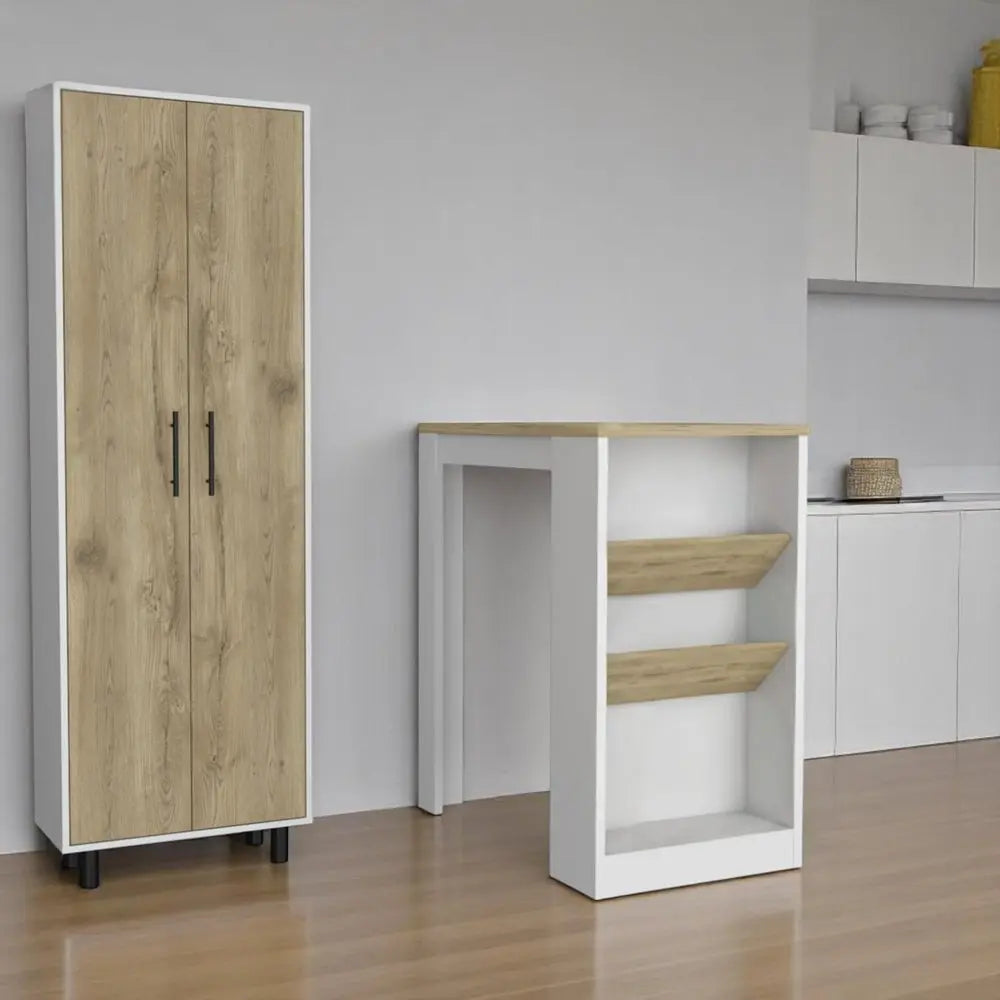 Set of Two Oak and White Wood Kitchen Island And Pantry Cabinet - NOVA HOME FURNITURE