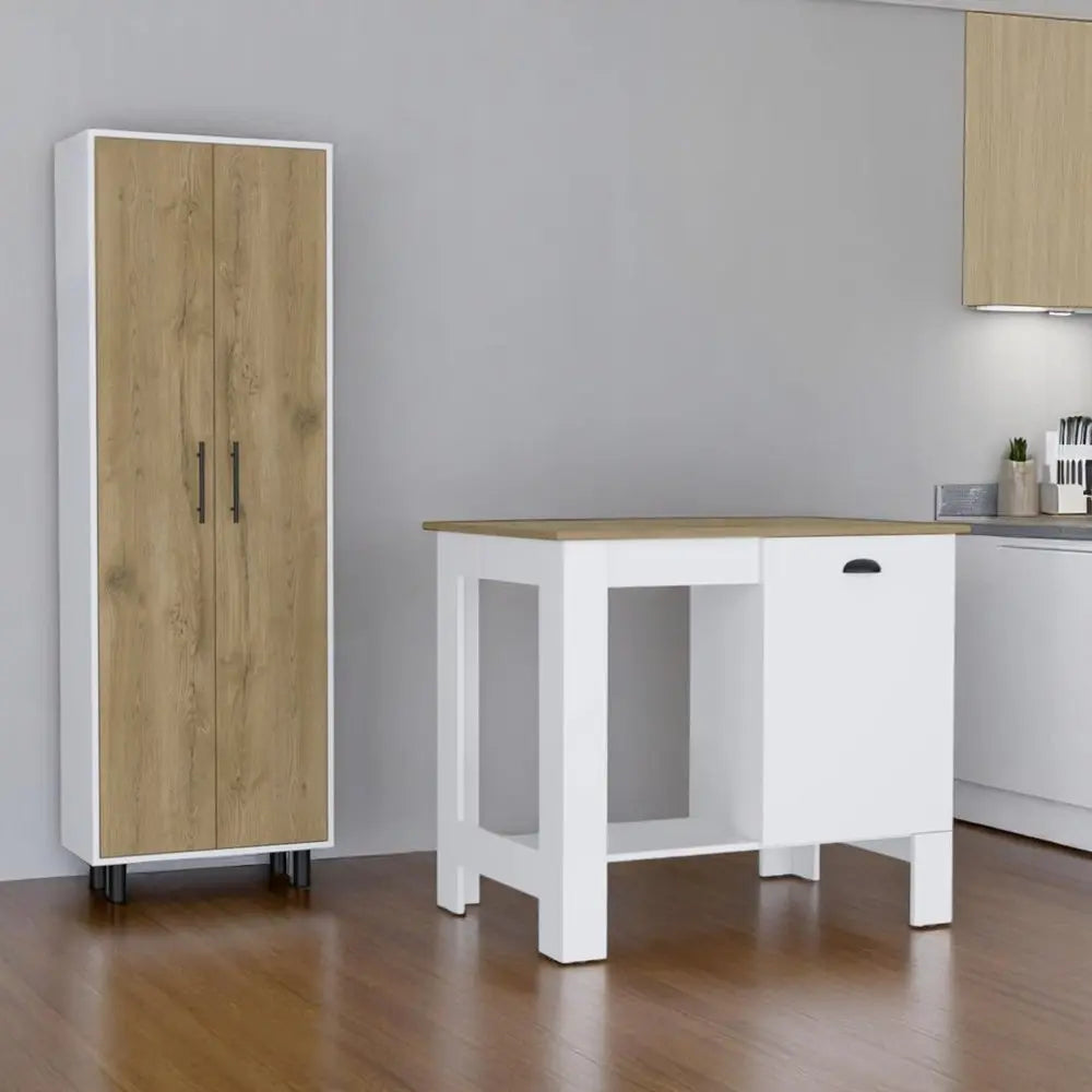 Set of Two Oak and White Wood Kitchen Island And Pantry Cabinet - NOVA HOME FURNITURE