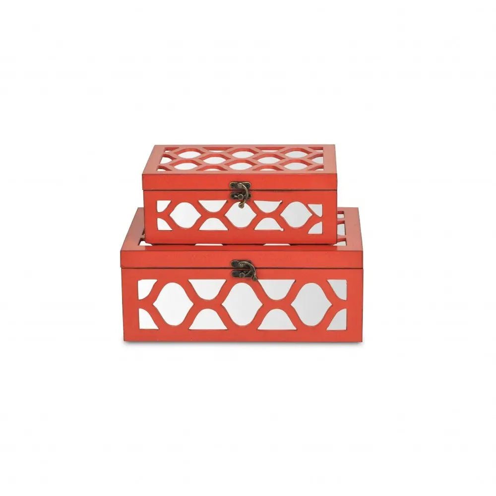 Set of Two Orange Mirrored Glass And Solid Wood Box With Lid - NOBLE HOME INTERIORS