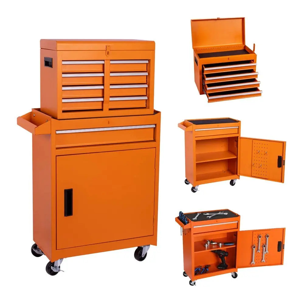 Set of Two Orange Multi - Tier Steel Rolling Cabinet With Lid - NOBLE HOME INTERIORS