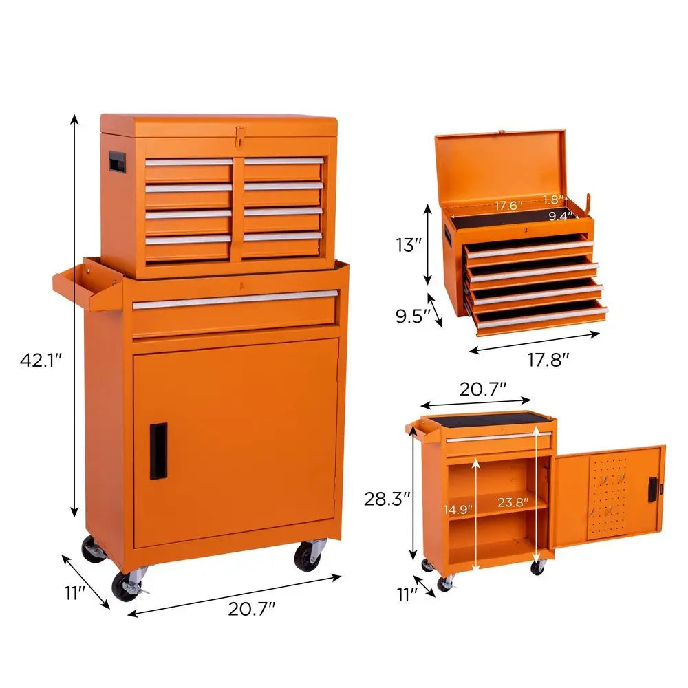 Set of Two Orange Multi - Tier Steel Rolling Cabinet With Lid - NOBLE HOME INTERIORS