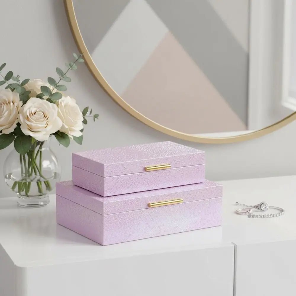 Set of Two Pink And Gold Faux Shagreen Nesting Storage Boxes With Lids - NOBLE HOME INTERIORS