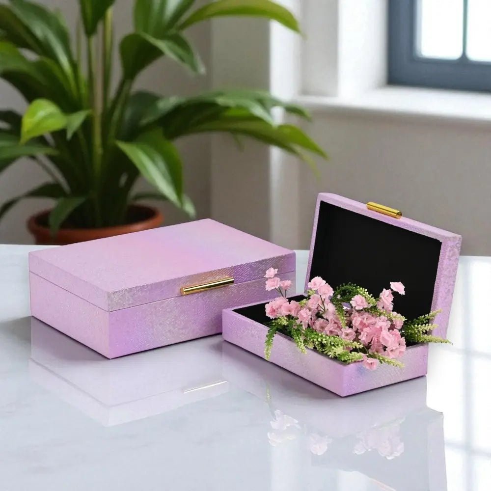 Set of Two Pink And Gold Faux Shagreen Nesting Storage Boxes With Lids - NOBLE HOME INTERIORS