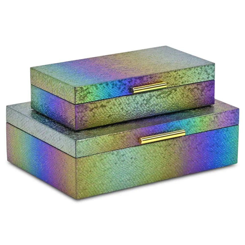 Set of Two Rainbow And Gold Faux Shagreen Nesting Storage Boxes With Lids - NOBLE HOME INTERIORS
