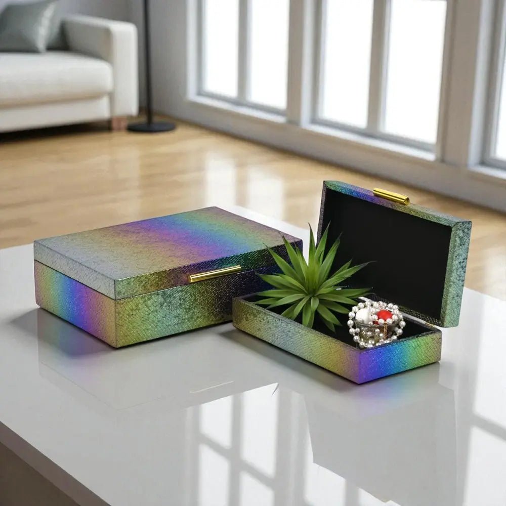 Set of Two Rainbow And Gold Faux Shagreen Nesting Storage Boxes With Lids - NOBLE HOME INTERIORS