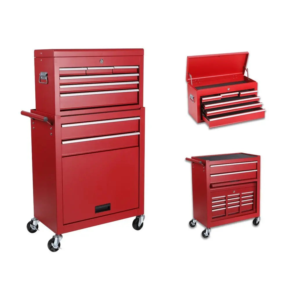 Set of Two Red Multi - Tier Steel Rolling Cabinet With Lid - NOBLE HOME INTERIORS