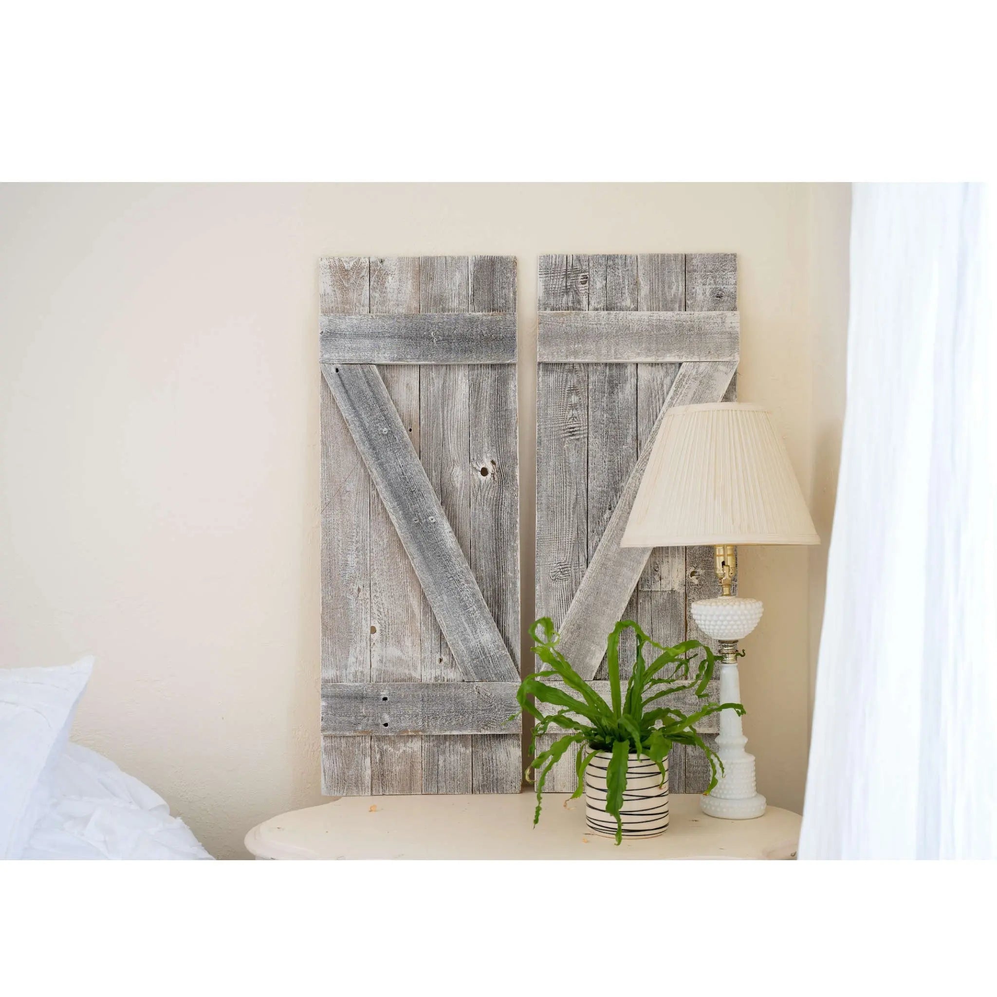 Set Of Two Rustic Weathered Grey Wood Decorative Window Shutters - NOBLE HOME INTERIORS