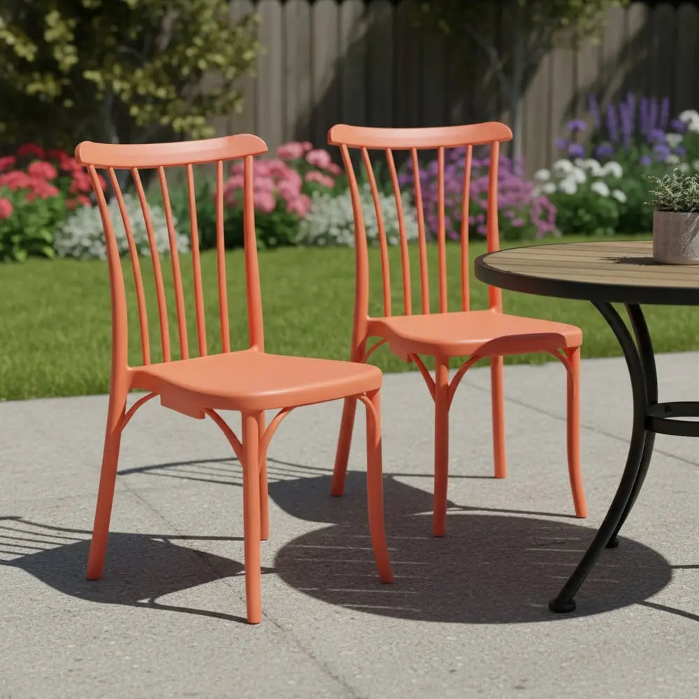 Set of Two Salmon Heavy Duty Plastic Outdoor Stacking Dining Chairs - NOBLE HOME INTERIORS