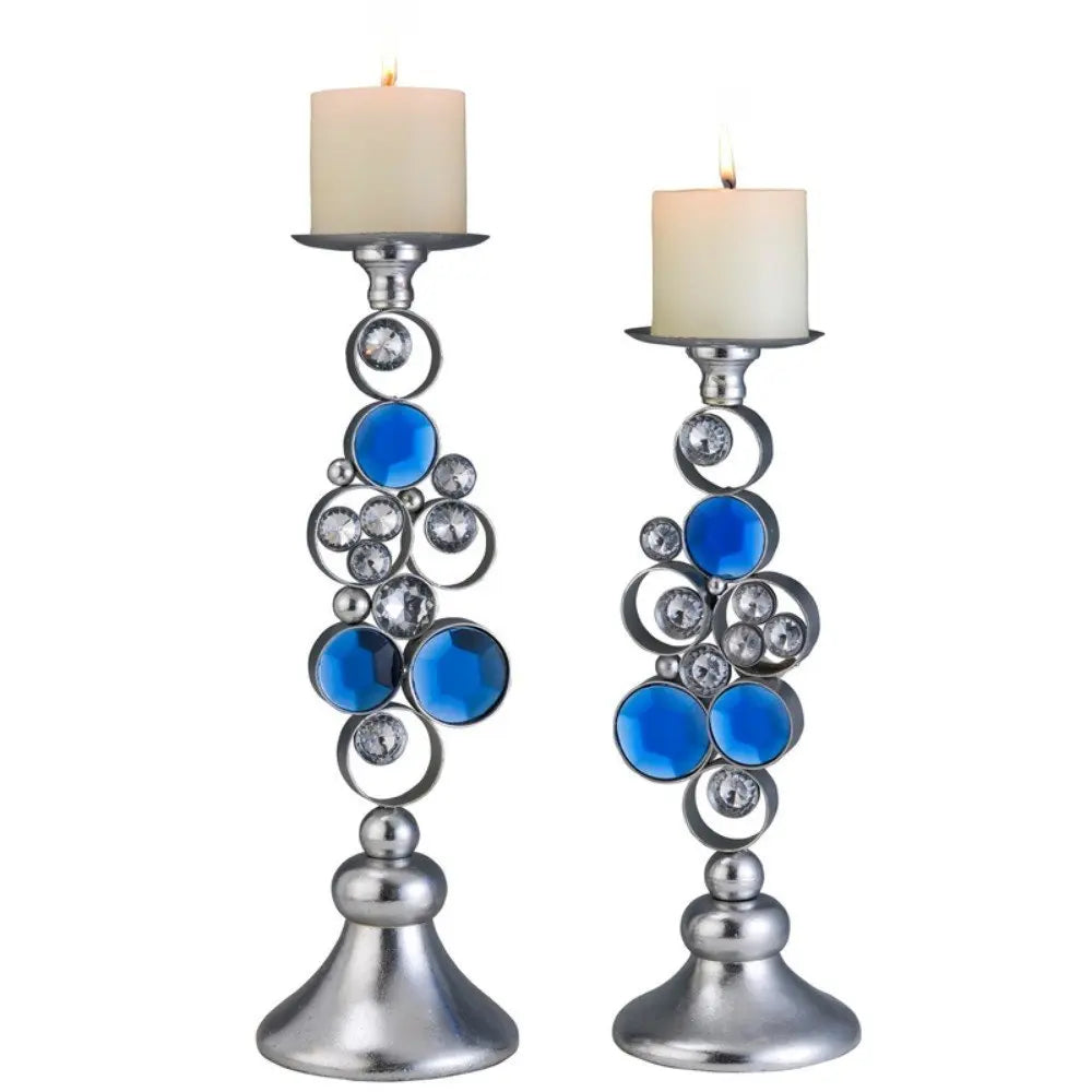 Set Of Two Silver and Blue Bling Tabletop Pillar Candle Holders - NOBLE HOME INTERIORS