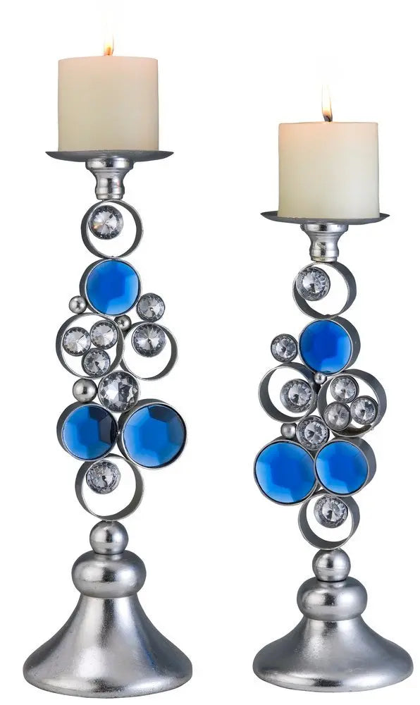 Set Of Two Silver and Blue Bling Tabletop Pillar Candle Holders - NOBLE HOME INTERIORS