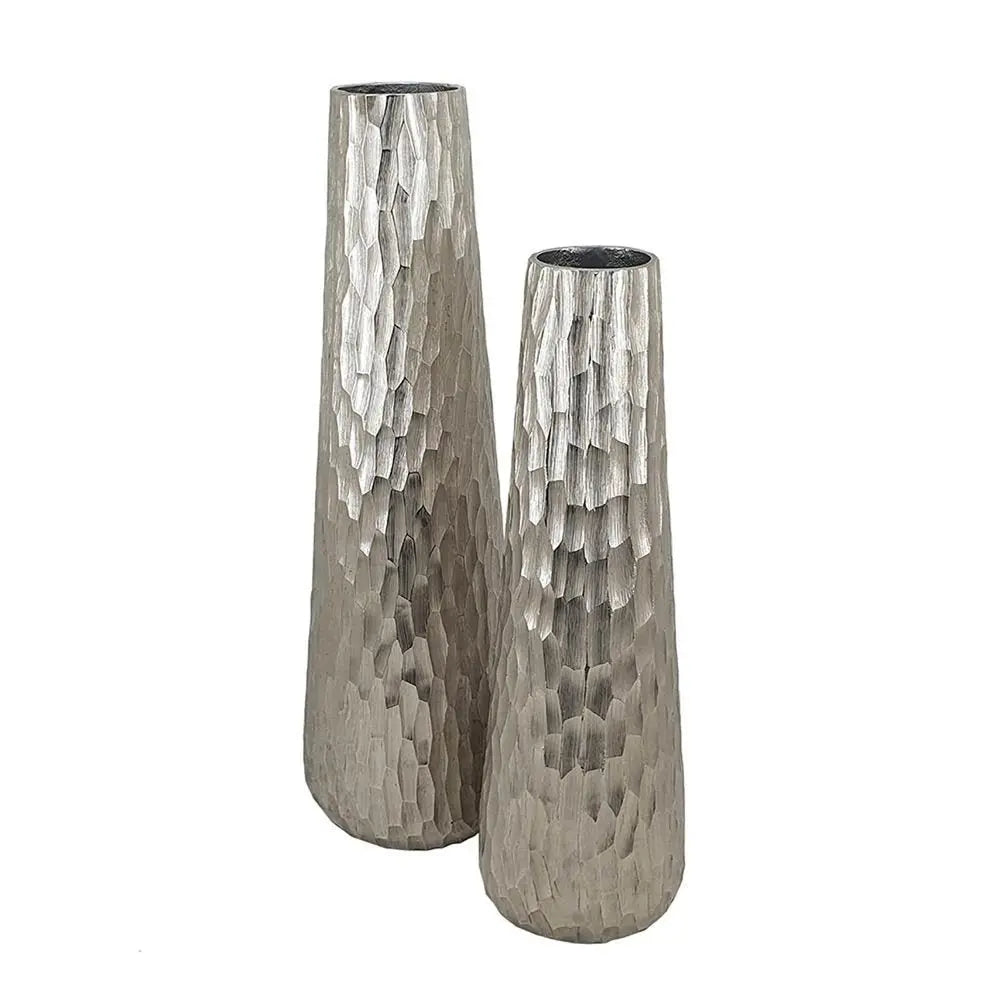Set of Two Silver Cast Aluminum Textured Table Vases - NOBLE HOME INTERIORS