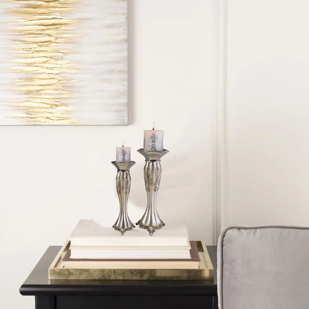 Set of Two Silver Metallic Polyresin Ornate Tabletop Pillar Candle Holders With Candle - NOBLE HOME INTERIORS