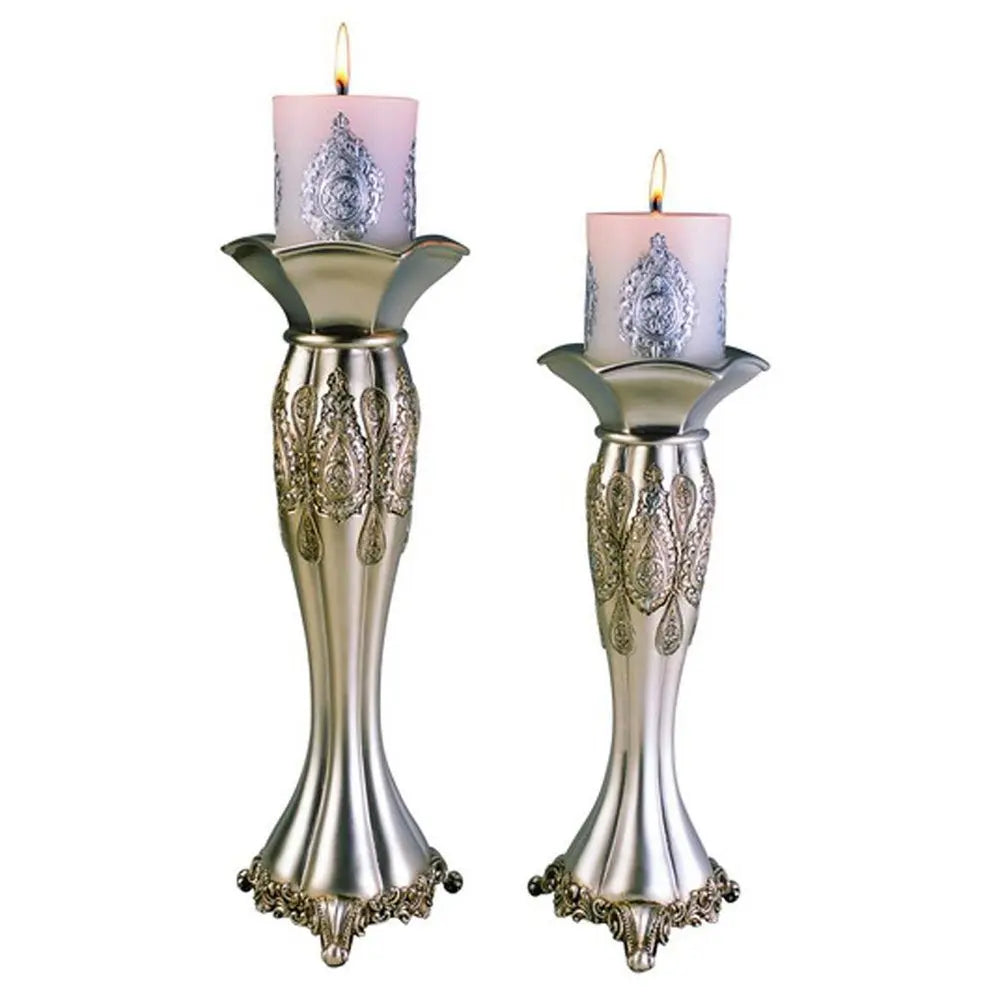 Set of Two Silver Metallic Polyresin Ornate Tabletop Pillar Candle Holders With Candle - NOBLE HOME INTERIORS