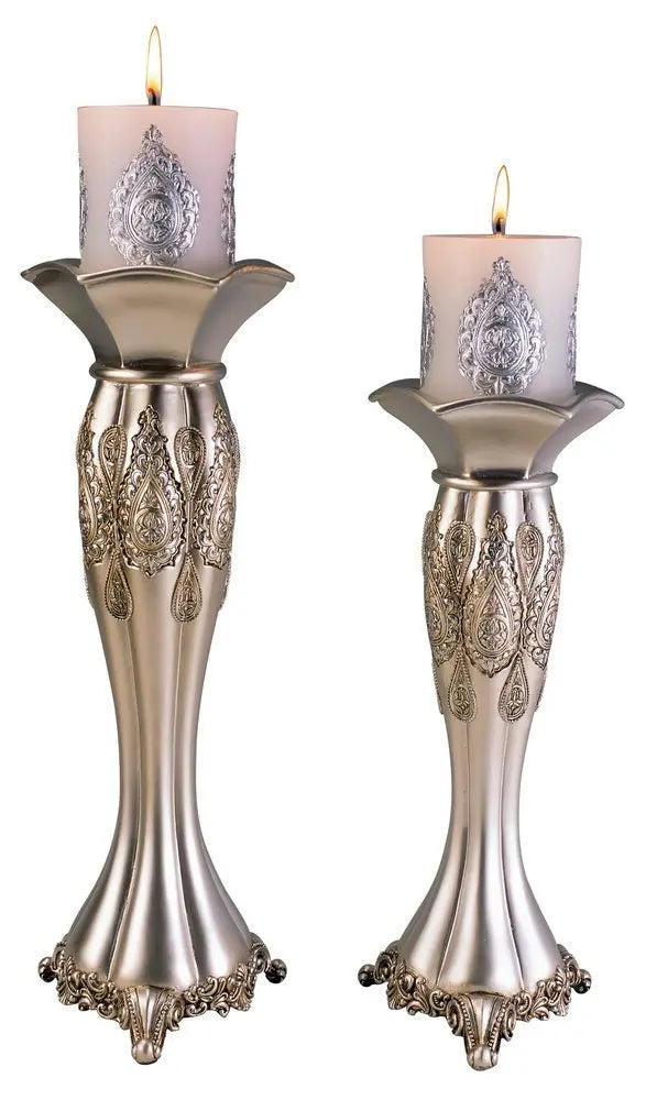 Set of Two Silver Metallic Polyresin Ornate Tabletop Pillar Candle Holders With Candle - NOBLE HOME INTERIORS