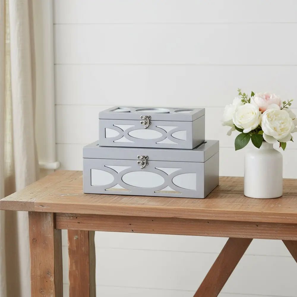 Set of Two Silver Mirrored Glass And Wood Box With Lid - NOBLE HOME INTERIORS