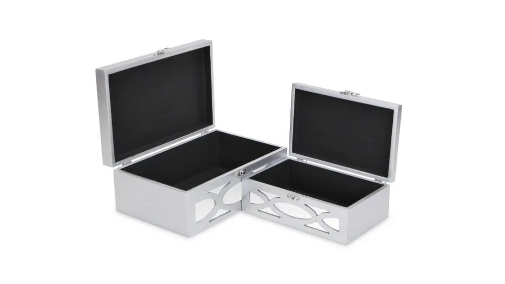 Set of Two Silver Mirrored Glass And Wood Box With Lid - NOBLE HOME INTERIORS