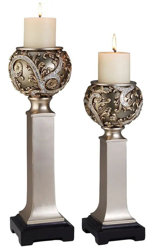 Set of Two Silver Polyresin Filigree Tabletop Pillar Candle Holders With Candle - NOBLE HOME INTERIORS