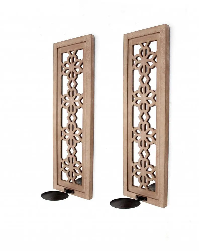 Set of Two Tan Lattice Wall Sconce Candle Holders - NOBLE HOME INTERIORS