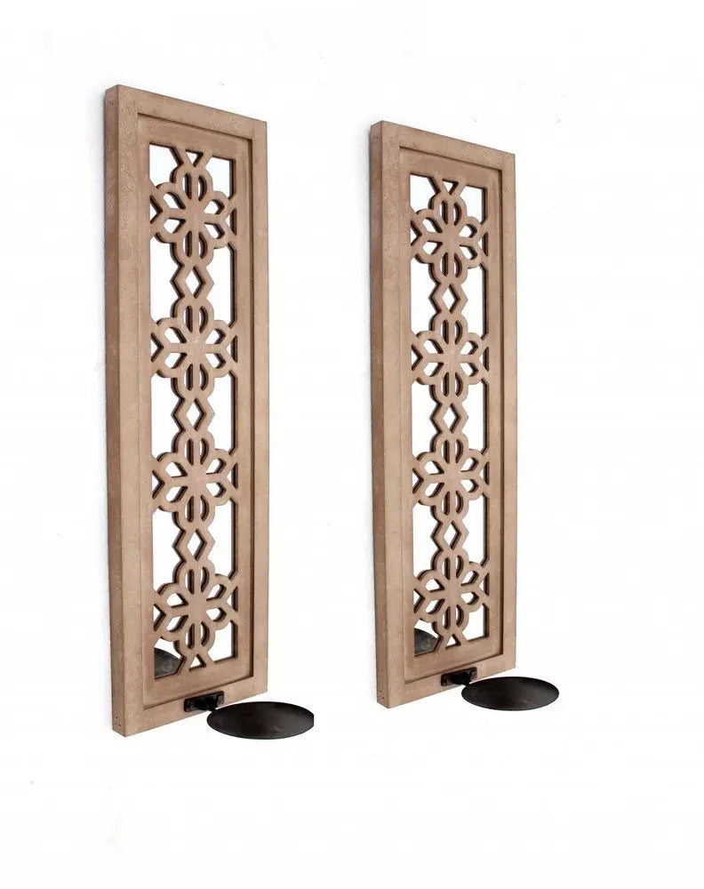 Set of Two Tan Lattice Wall Sconce Candle Holders - NOBLE HOME INTERIORS