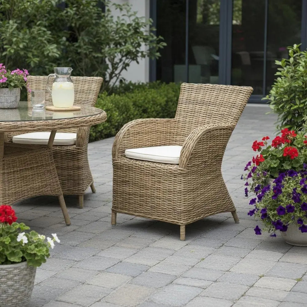 Set of Two Tan Textured Outdoor Dining Chairs with Beige Cushions - NOBLE HOME INTERIORS