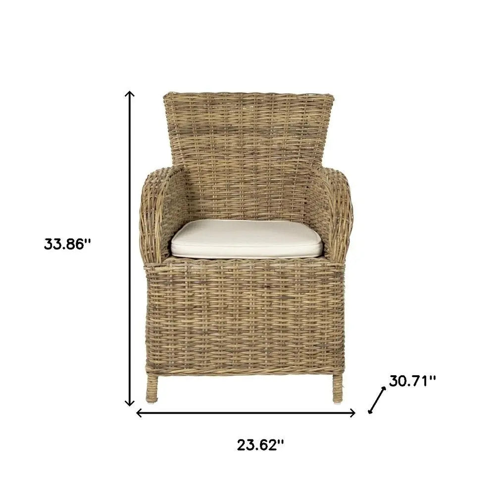 Set of Two Tan Textured Outdoor Dining Chairs with Beige Cushions - NOBLE HOME INTERIORS