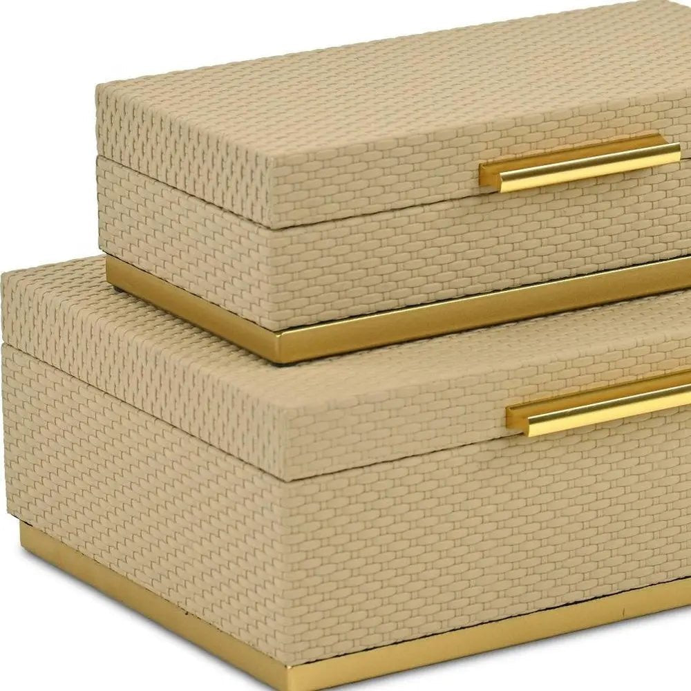 Set of Two Taupe And Gold Nesting Decorative Storage Boxes With Lids - NOBLE HOME INTERIORS