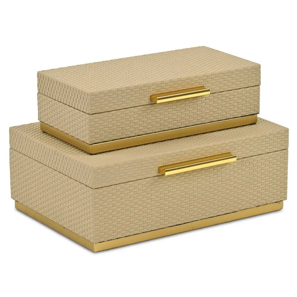 Set of Two Taupe And Gold Nesting Decorative Storage Boxes With Lids - NOBLE HOME INTERIORS