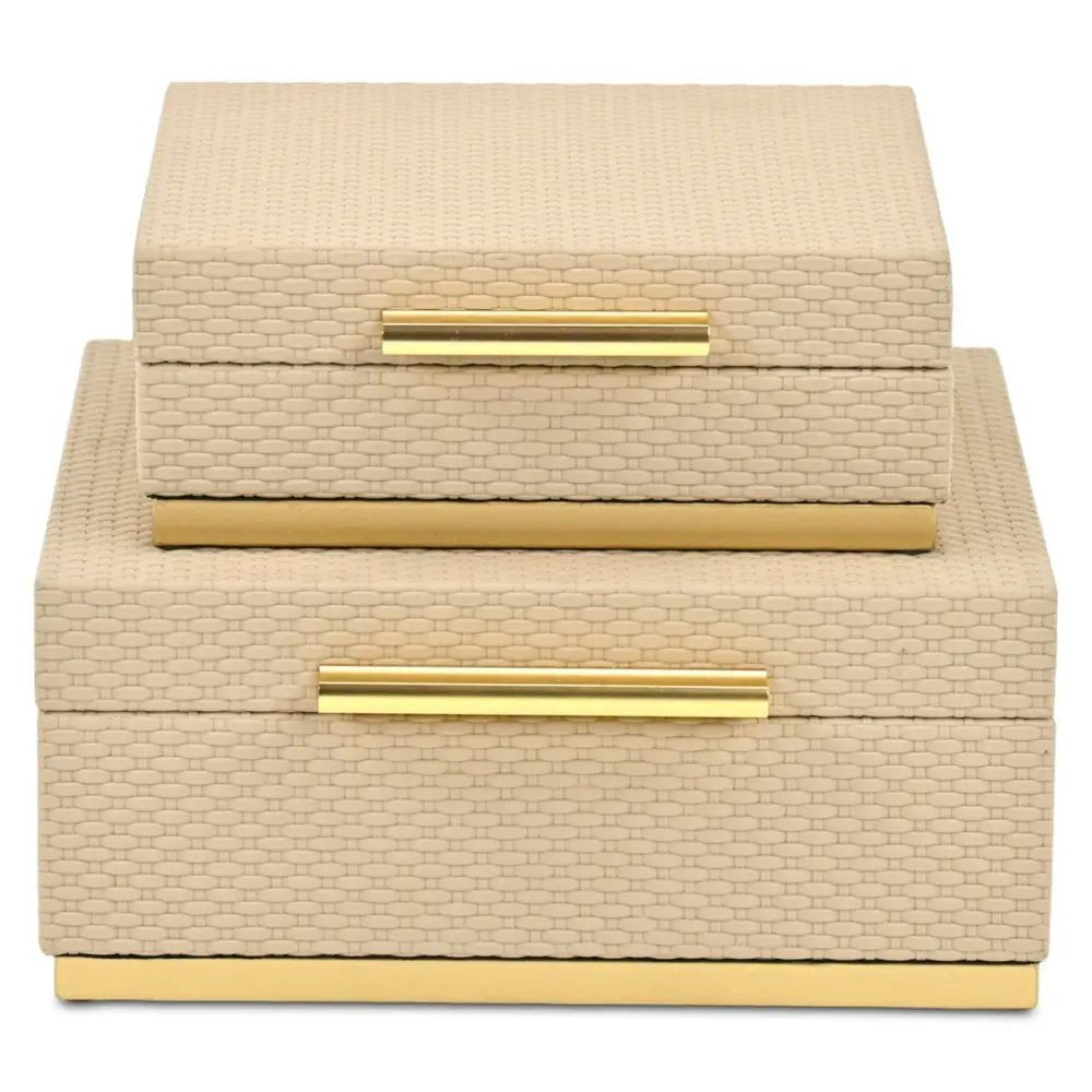 Set of Two Taupe And Gold Square Nesting Decorative Storage Boxes With Lids - NOBLE HOME INTERIORS