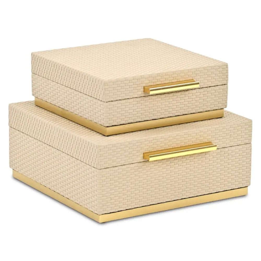Set of Two Taupe And Gold Square Nesting Decorative Storage Boxes With Lids - NOBLE HOME INTERIORS