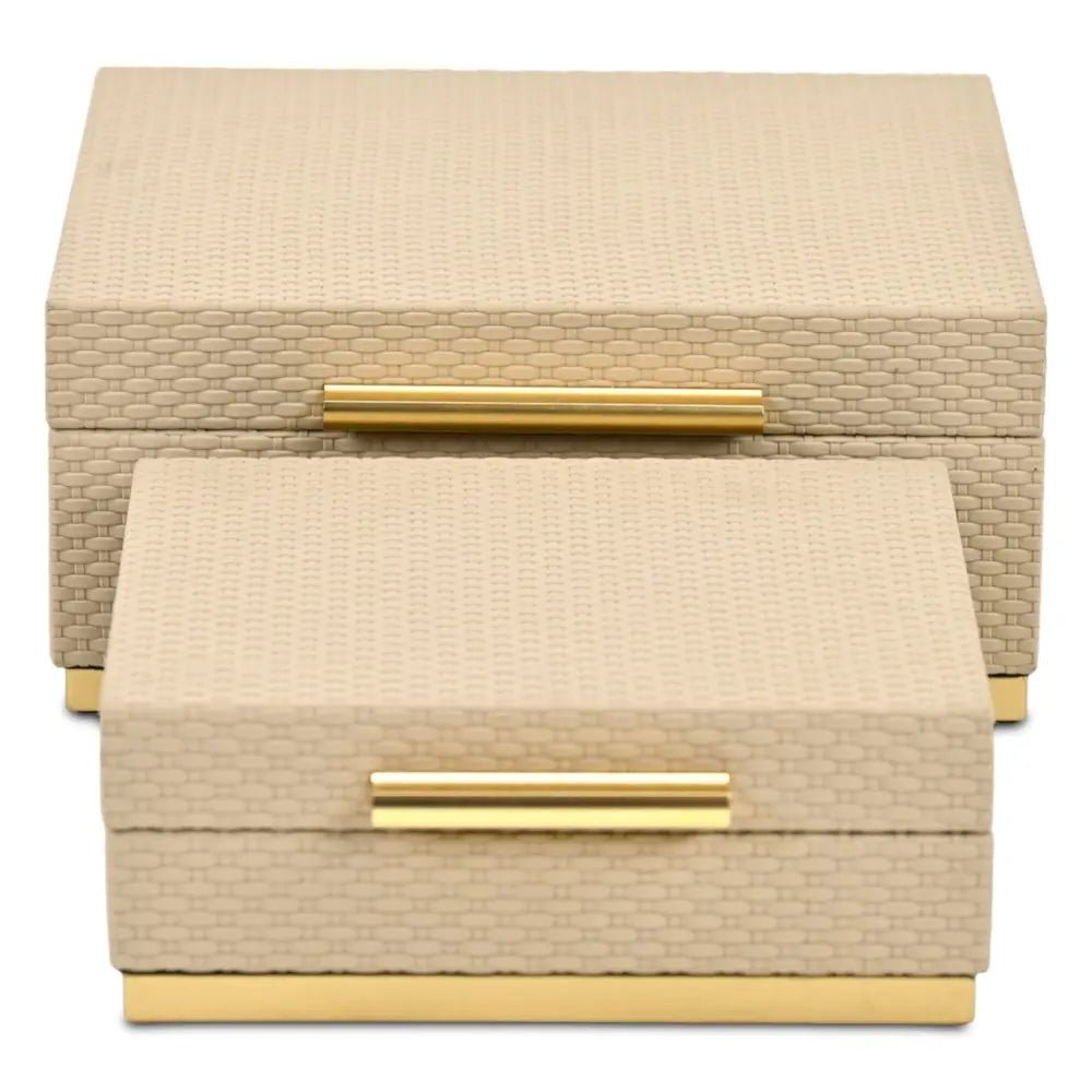 Set of Two Taupe And Gold Square Nesting Decorative Storage Boxes With Lids - NOBLE HOME INTERIORS