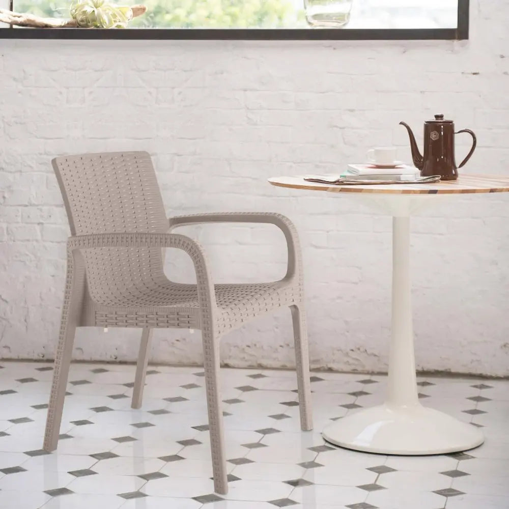 Set of Two Taupe Faux Rattan Heavy Duty Plastic Outdoor Stacking Arm Chairs - NOBLE HOME INTERIORS