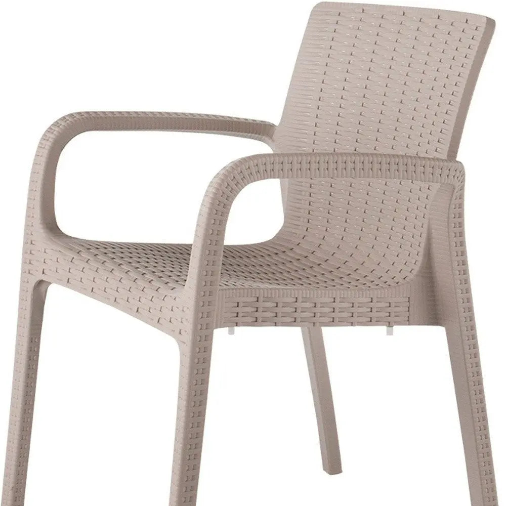 Set of Two Taupe Faux Rattan Heavy Duty Plastic Outdoor Stacking Arm Chairs - NOBLE HOME INTERIORS