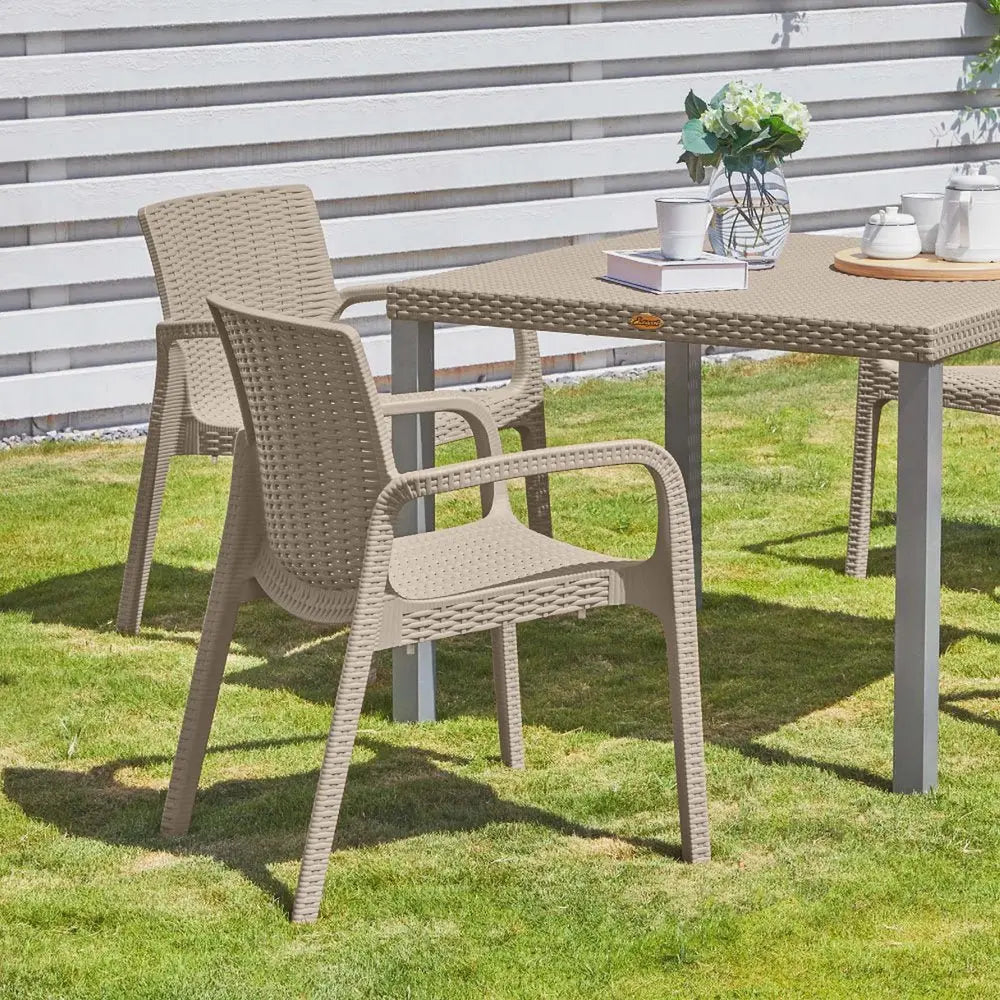 Set of Two Taupe Faux Rattan Heavy Duty Plastic Outdoor Stacking Arm Chairs - NOBLE HOME INTERIORS