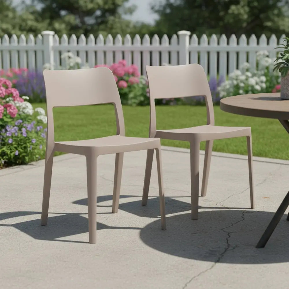Set of Two Taupe Heavy Duty Plastic Outdoor Stacking Accent Chairs - NOBLE HOME INTERIORS