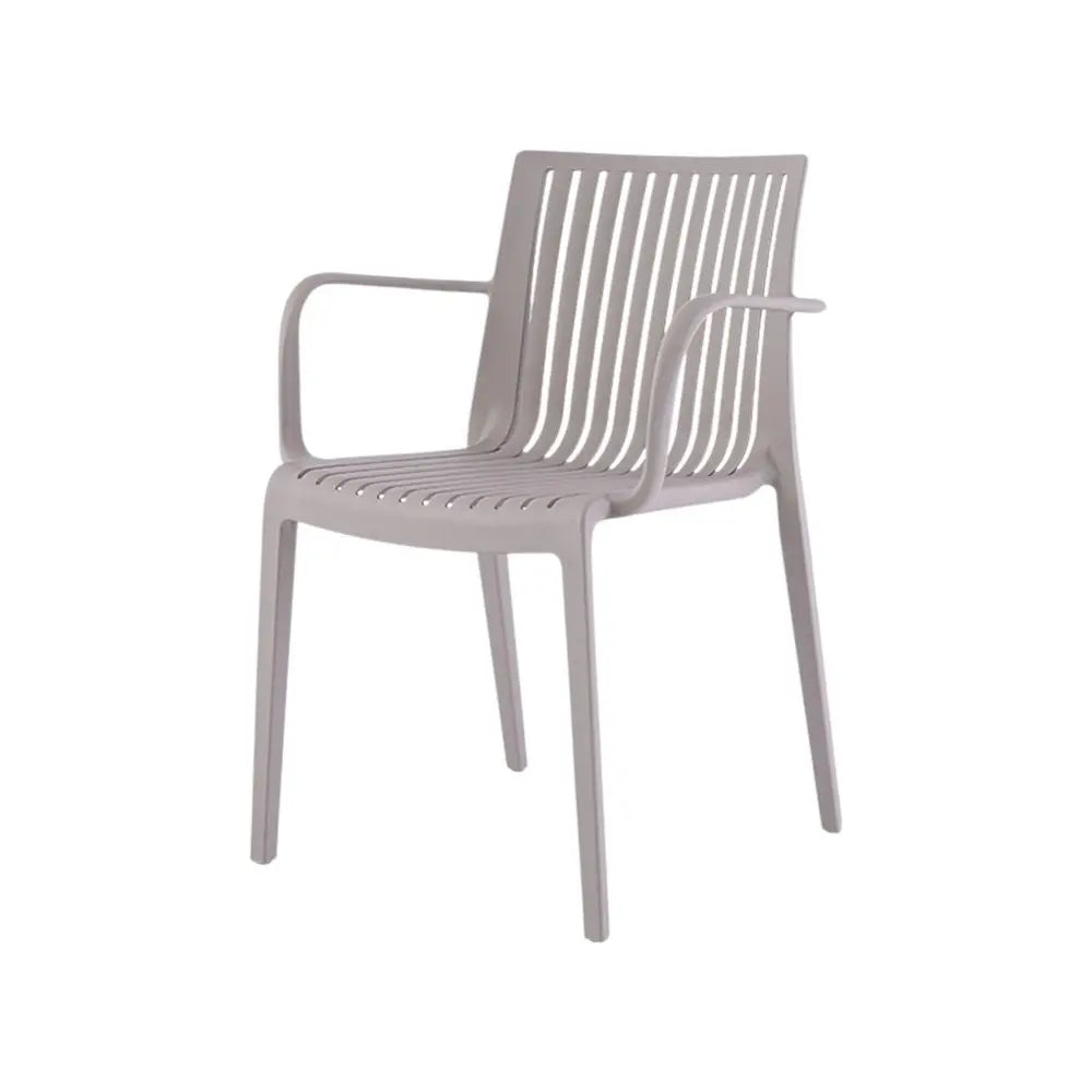 Set of Two Taupe Heavy Duty Plastic Outdoor Stacking Arm Chairs - NOBLE HOME INTERIORS