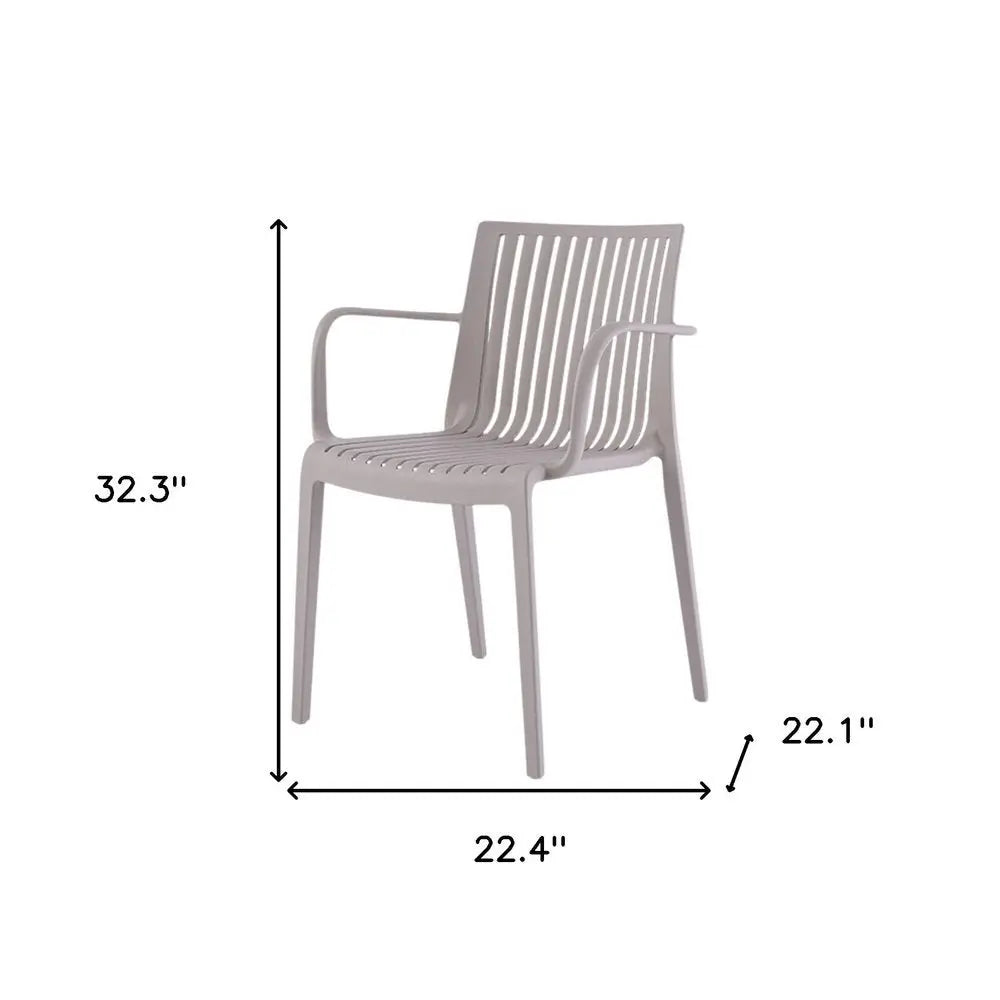 Set of Two Taupe Heavy Duty Plastic Outdoor Stacking Arm Chairs - NOBLE HOME INTERIORS